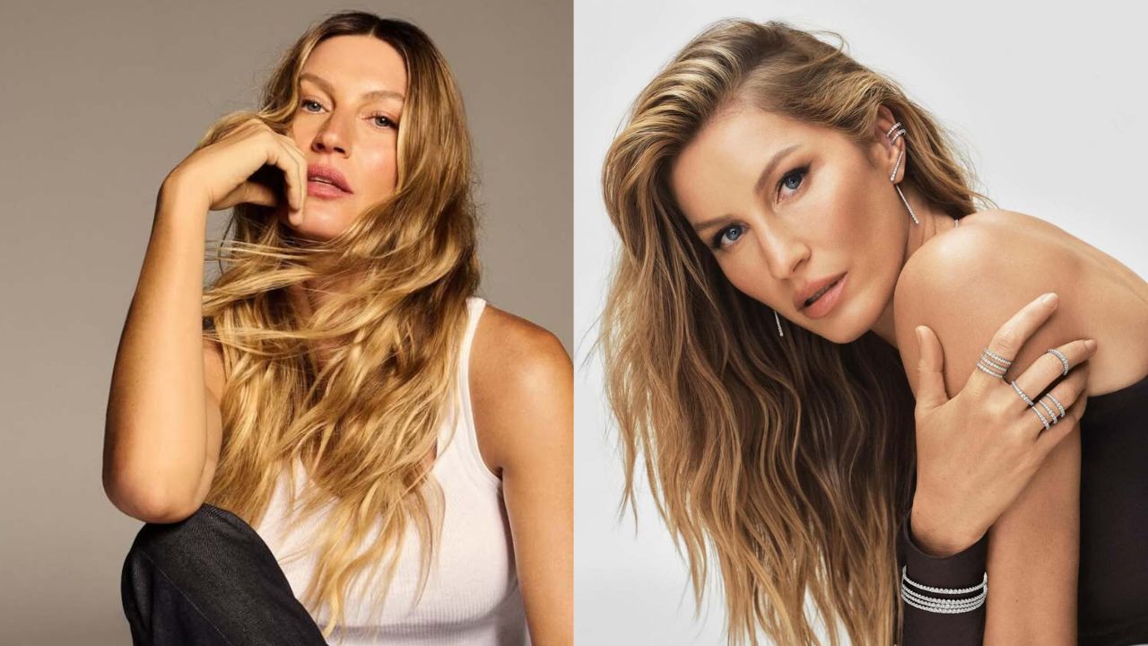 Duas imagens mostram a modelo Gisele Bündchen.