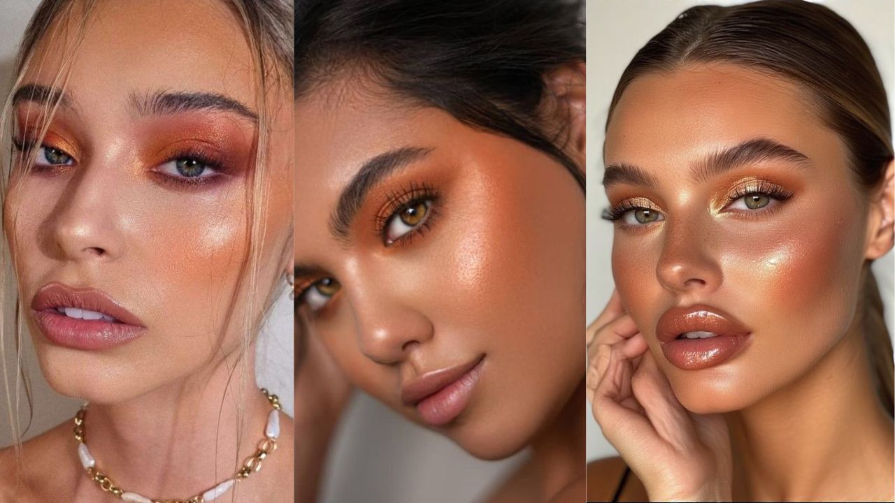 Tr&ecirc;s imagens de mulheres com blushs laranja