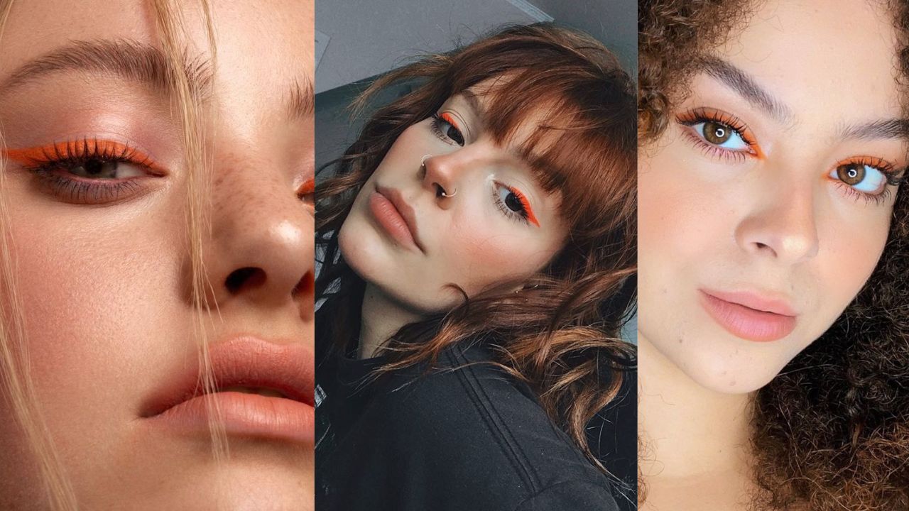 Tr&ecirc;s imagens de mulheres com delineado laranja