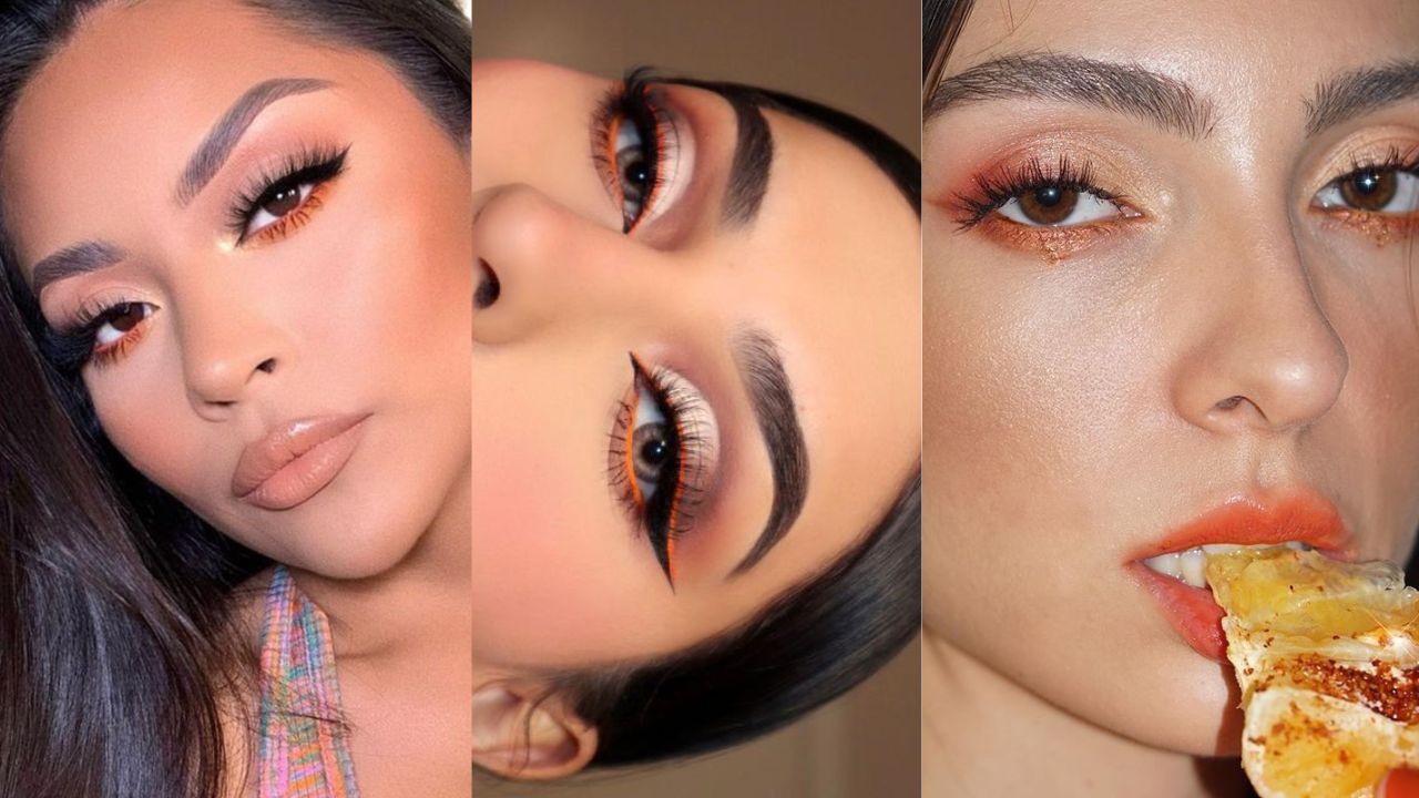 Tr&ecirc;s imagens de mulheres com l&aacute;pis de olho laranja