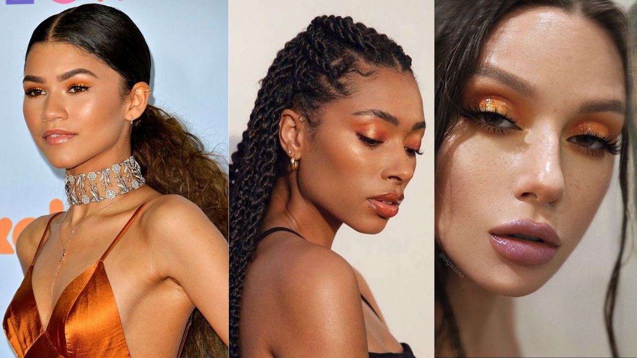 Tr&ecirc;s imagens de mulheres usando sombra laranja com brilho