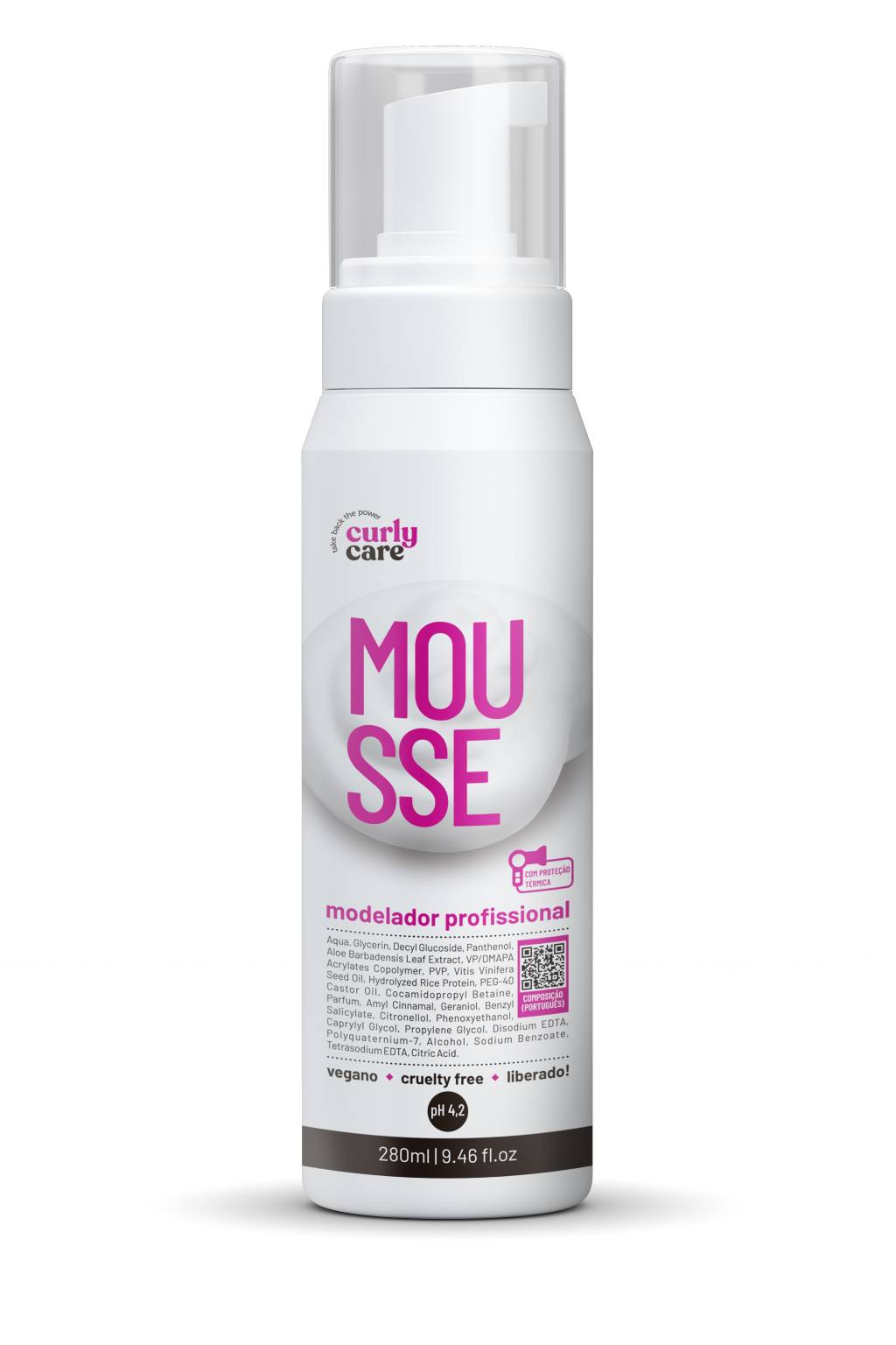 Embalagem branca e rosa de mousse capilar da Curly Care