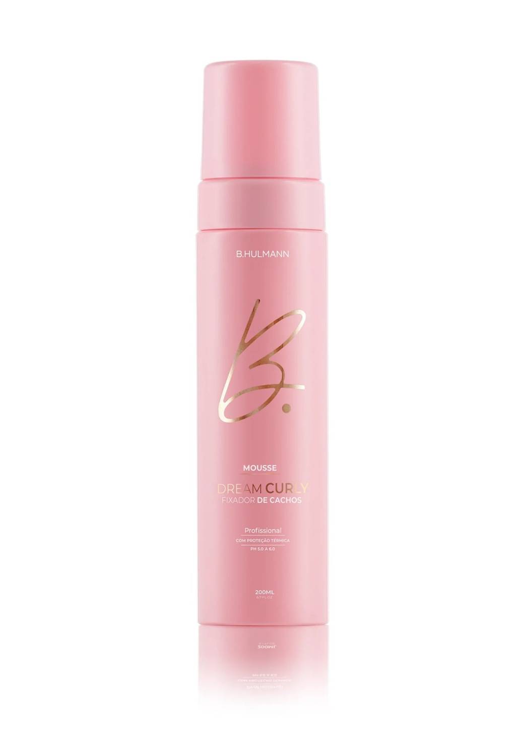 Embalagem rosa e dourada de mousse capilar da B.Hulmann