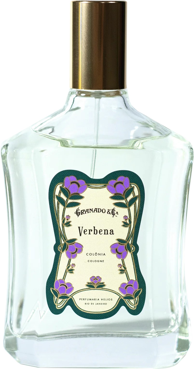 Embalagem de perfume unissex da Granado. Ela é transparente com detalhes em verde e lilás