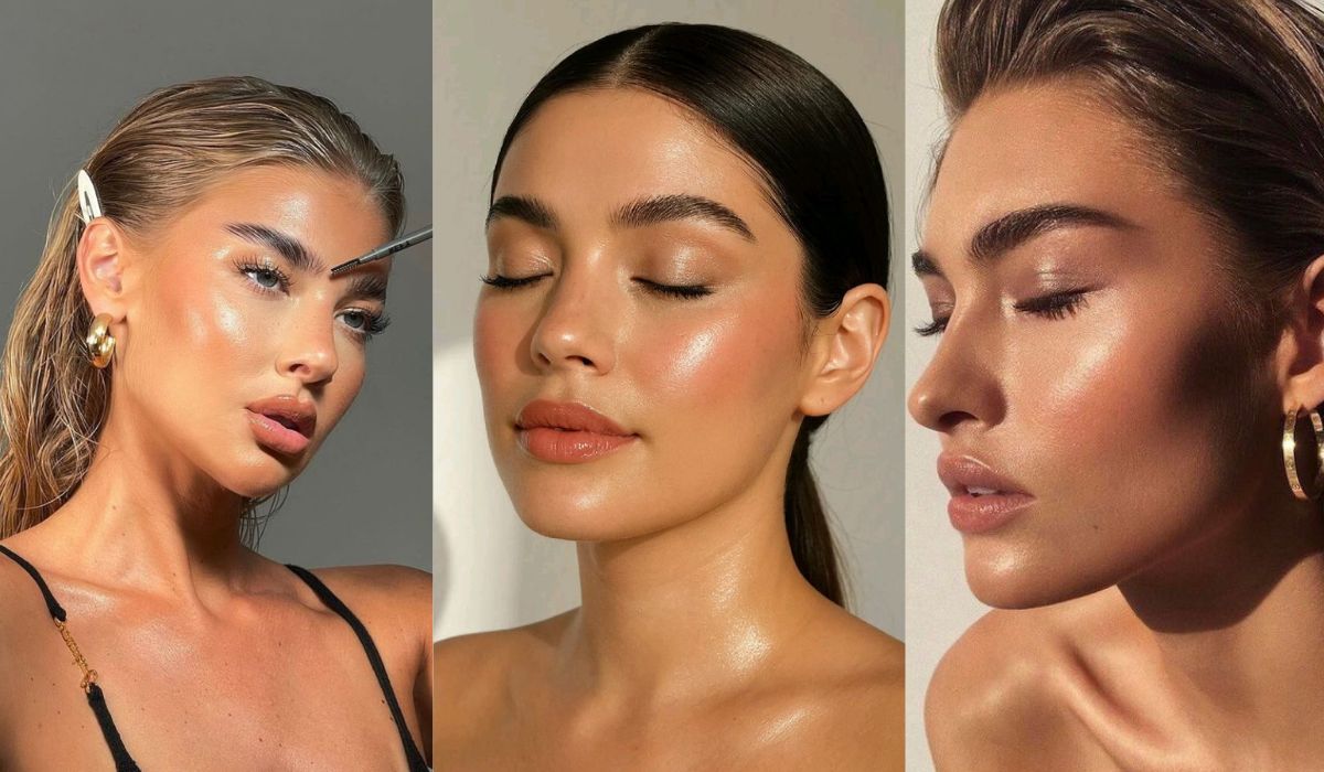 Três imagens mostram maquiagens iluminadas, tipo butter skin.