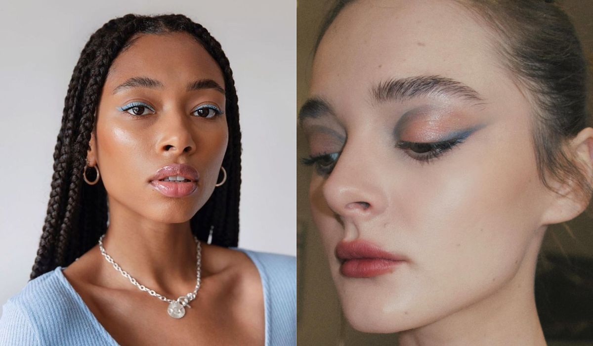 Duas imagens mostram delineado azul esfumado.