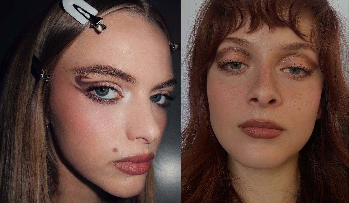 Duas imagens mostram delineados em tons terrosos, como marrom e mocha mousse.