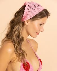 Lenço rosa de crochê para a cabeça