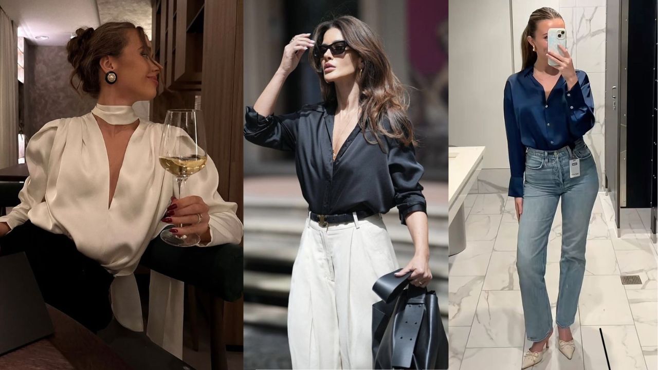 Tr&ecirc;s imagens de mulheres utilizando looks com camisa de seda