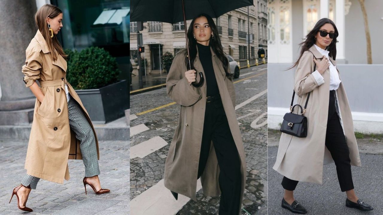 Tr&ecirc;s imagens de mulheres utilizando looks com trench coat