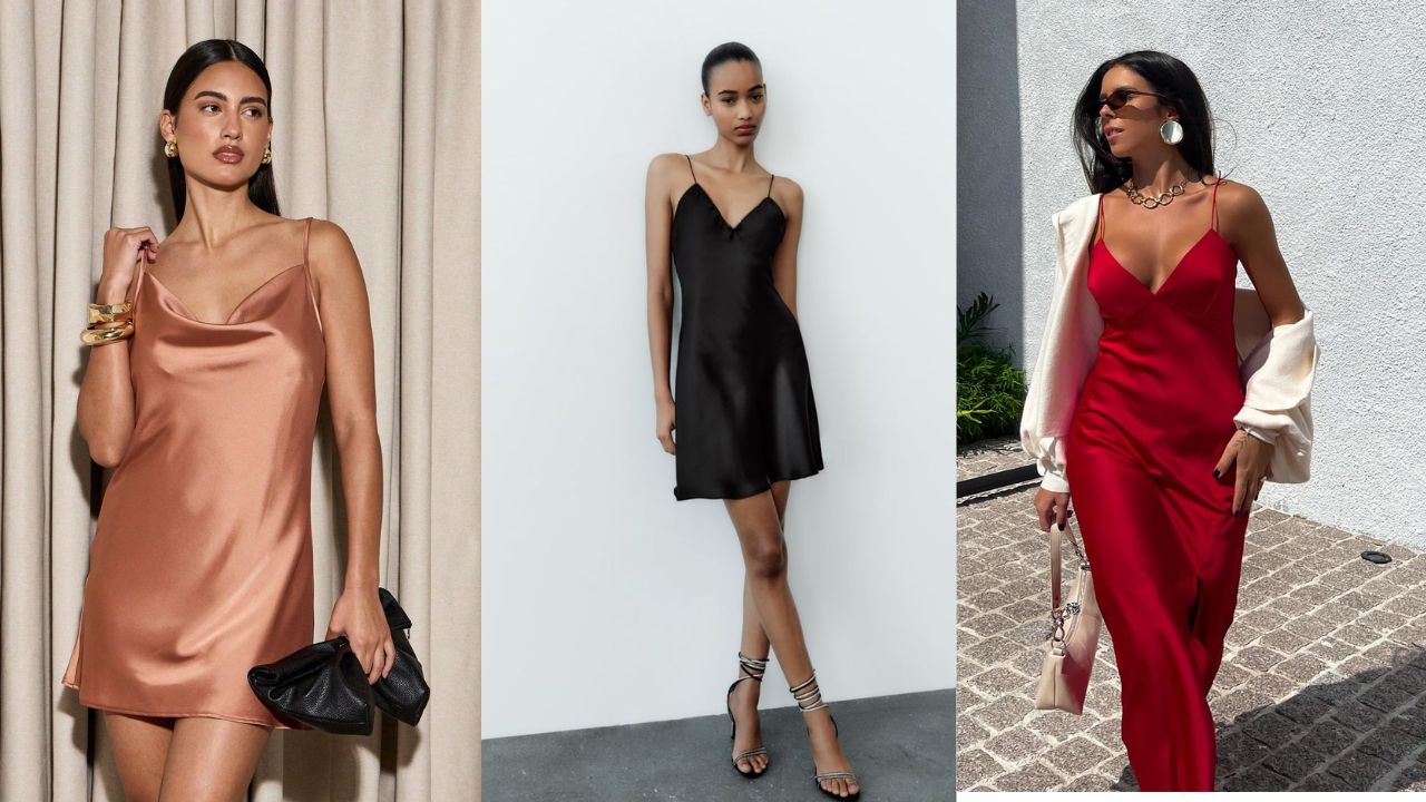 Tr&ecirc;s imagens de mulheres usando vestido Slip Dress
