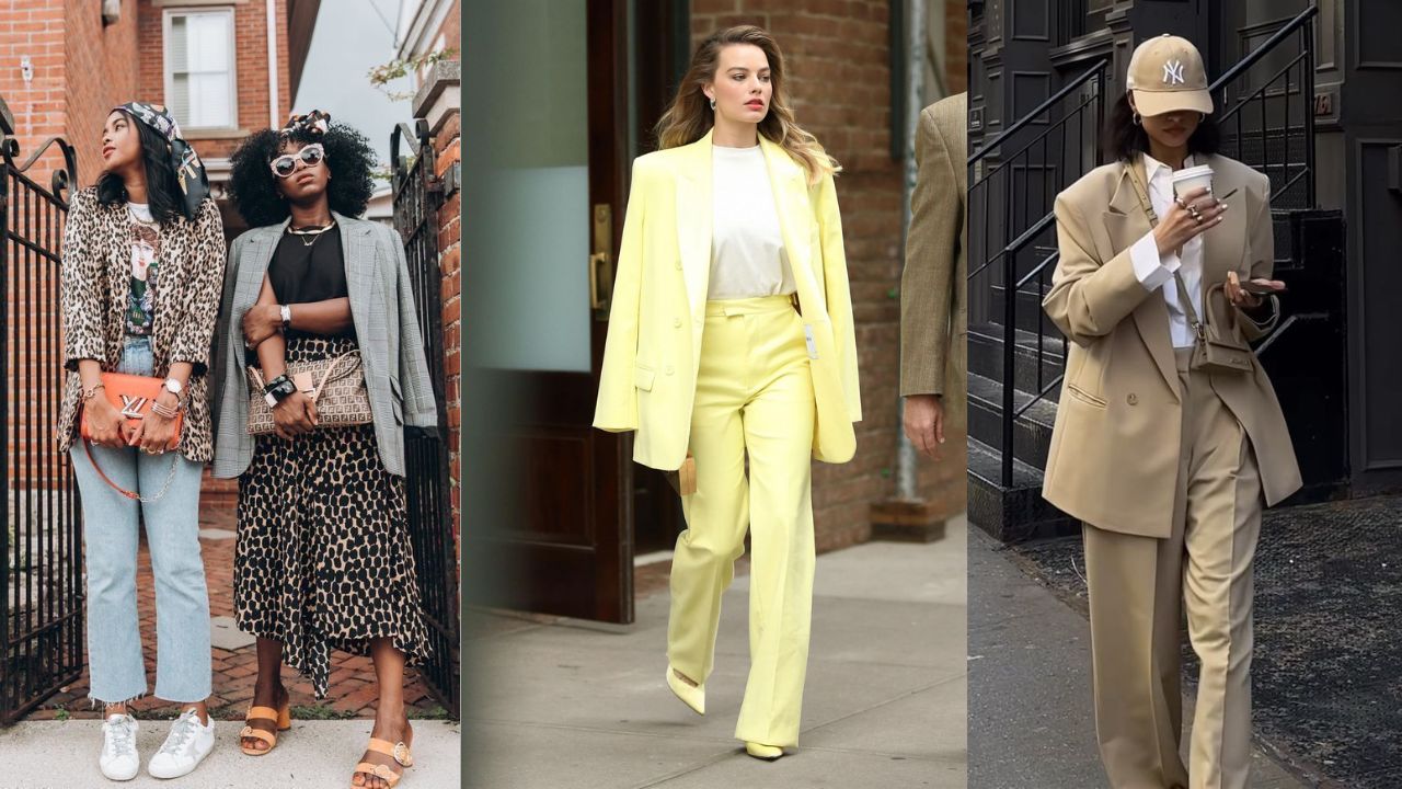 Tr&ecirc;s imagens de mulheres usando blazers oversized para o trabalho