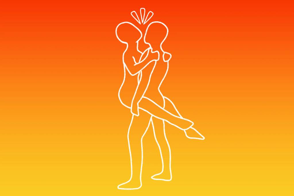 Ilustração de um casal fazendo a posição sexual o coito suspenso