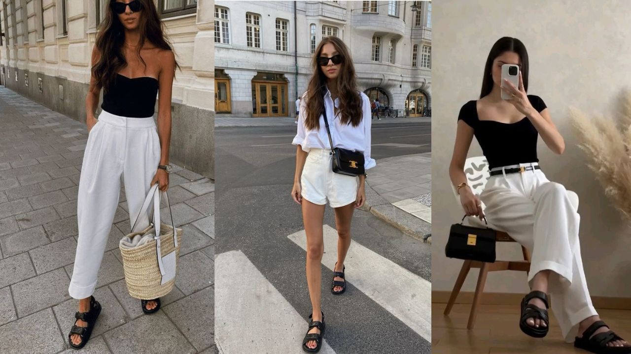 Tr&ecirc;s imagens de mulheres vistas de corpo inteiro usando diferentes modelos de papete