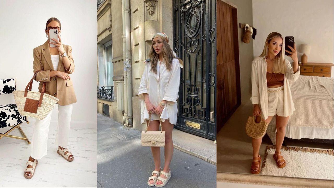 Tr&ecirc;s imagens de mulheres vistas de corpo inteiro usando diferentes modelos de papete