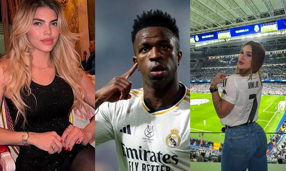 Montagem com três fotos lado a lado: à esquerda, a modelo Day Magalhães sentada em um restaurante, com vestido preto e cabelos loiros soltos; ao centro, o jogador Vini Jr. usando o uniforme branco do Real Madrid durante uma partida; e à direita, a influenciadora Virgínia Fonseca em um estádio de futebol, vestindo uma camisa personalizada com o nome “Vini Jr.”.