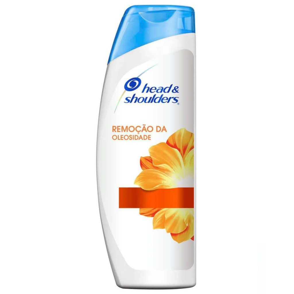 Imagem de shampoo anti-caspa e oleosidade da Head & Shoulders. A embalagem é branca, com letreiro laranja e tampa azul.