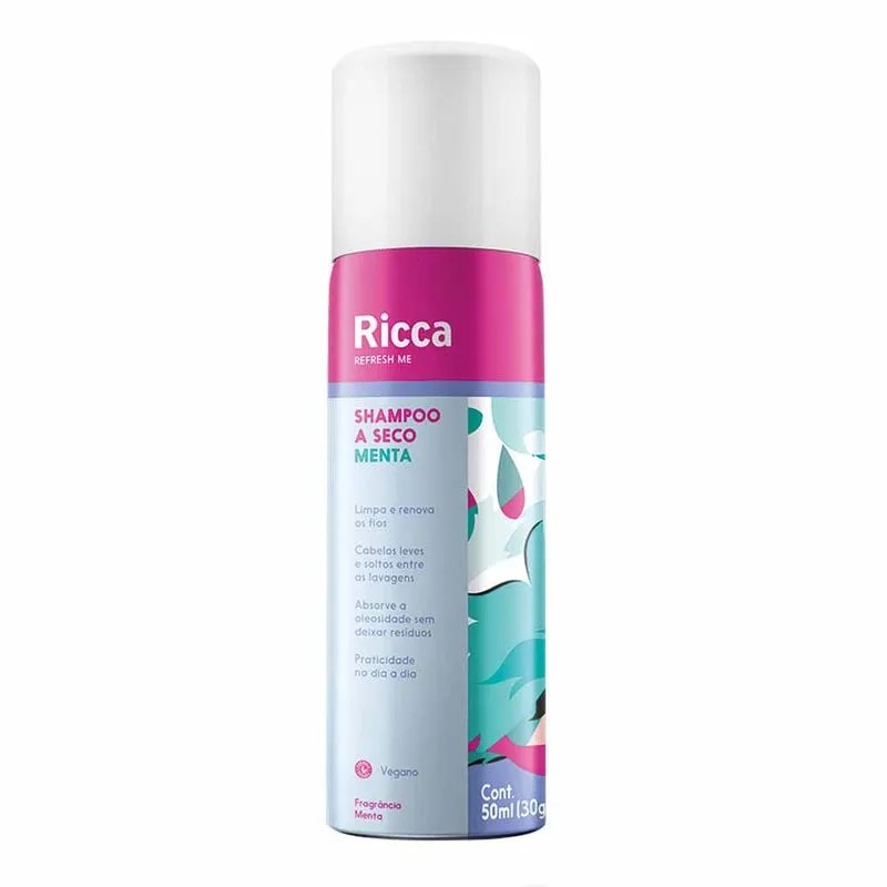 Imagem de shampoo a seco de menta da Ricca. A embalagem é rosa, branca e verde.