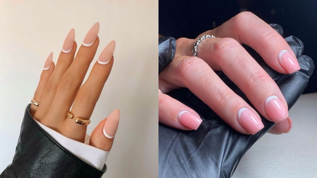 Imagem de unhas com decora&ccedil;&otilde;es de francesinha invertida com branco