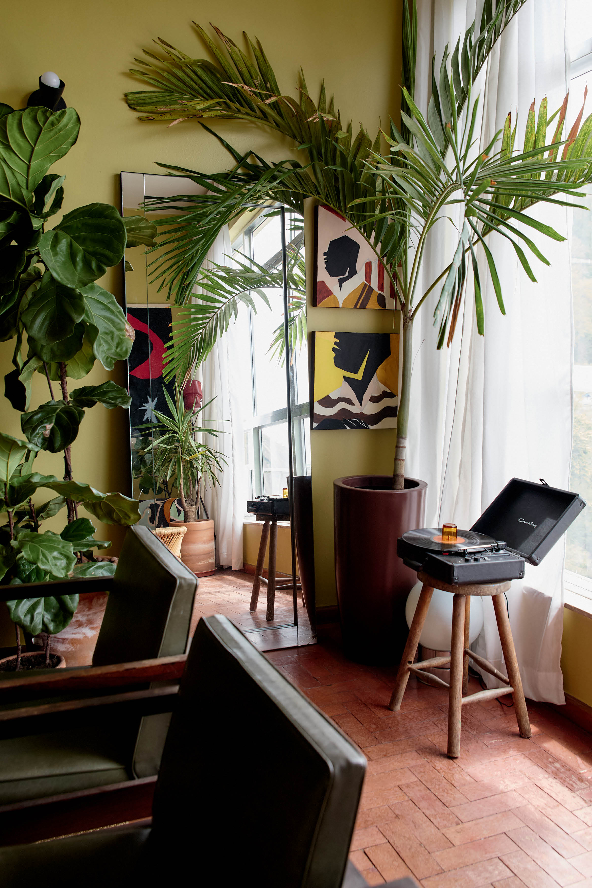 Sala de estar com parede verde, plantas e quadros