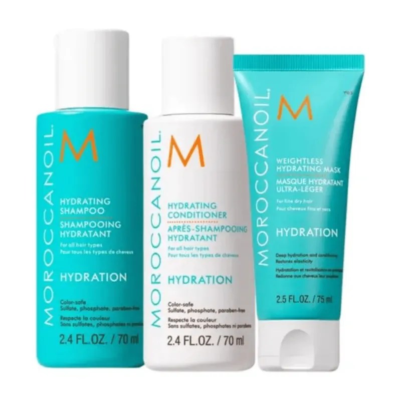 Imagem de kit travel size shampoo, condicionador e m&aacute;scara da Moroccanoil.