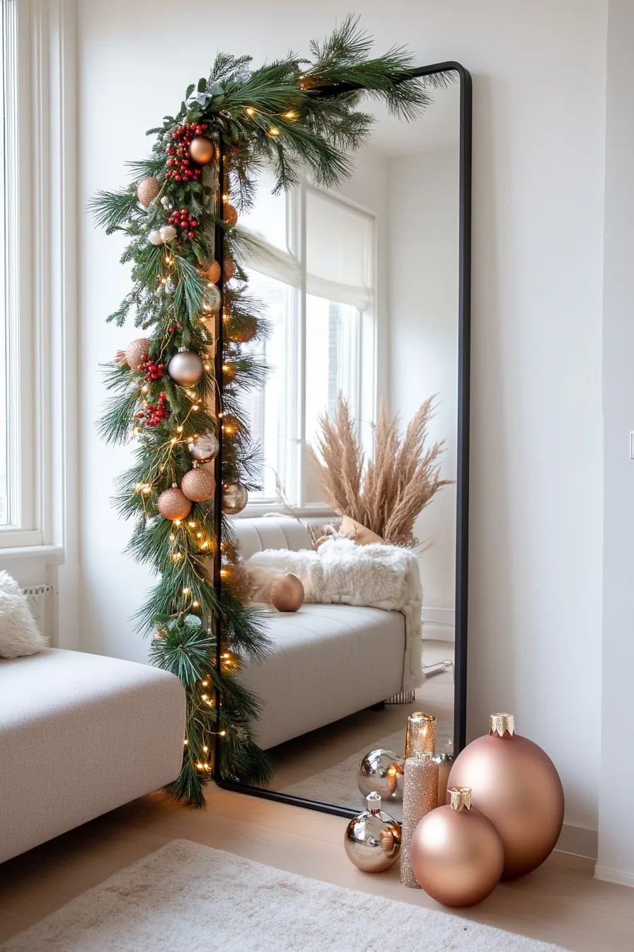 Espelho retangular apoiado no ch&atilde;o com decora&ccedil;&atilde;o natalina nas laterais.