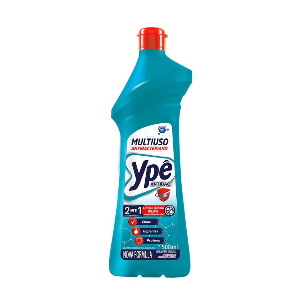 Produto de limpeza de cor branco transl&uacute;cida e tampa azul da marca Yp&ecirc;.