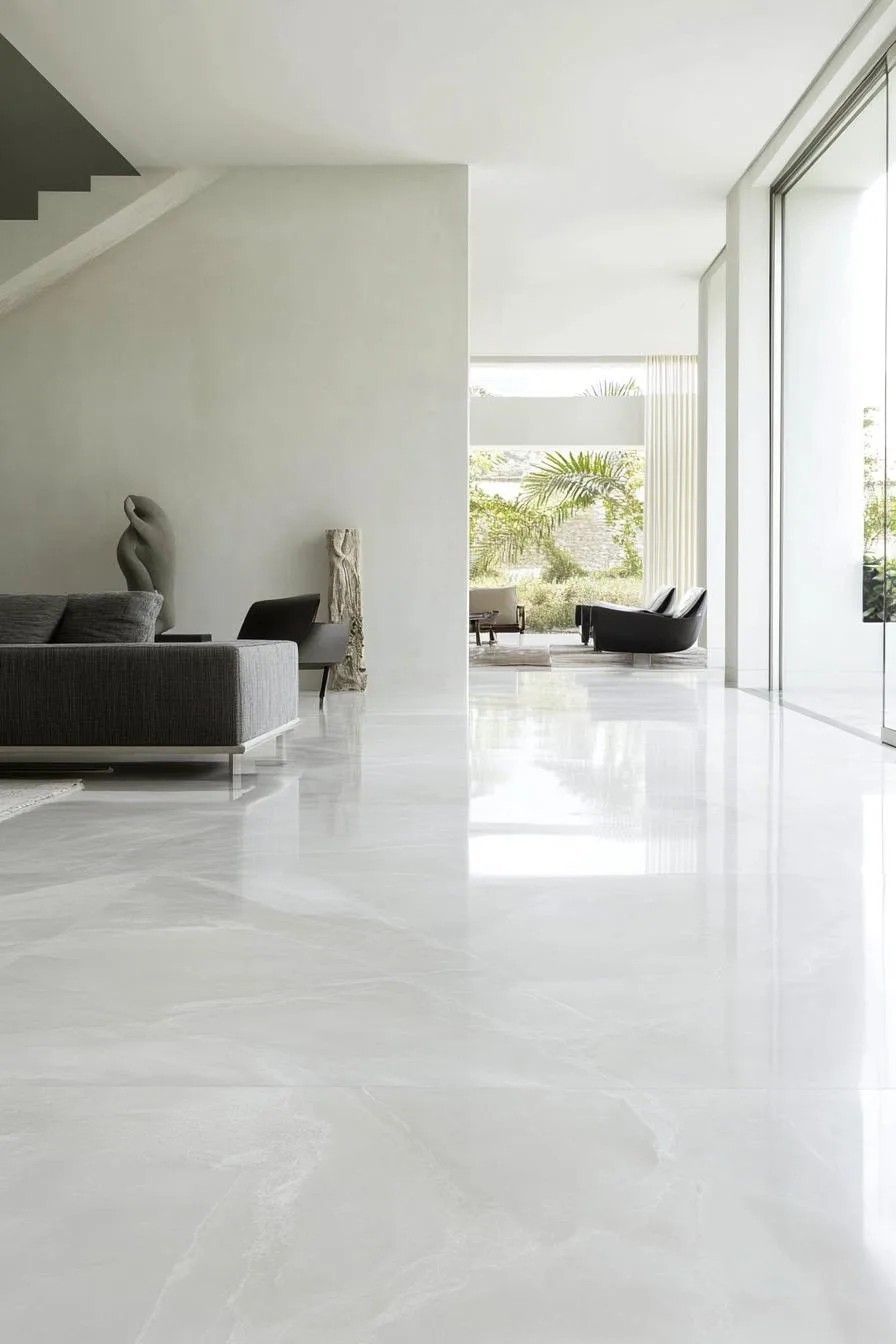 Sala de estar minimalista com piso polido brilhante branco.