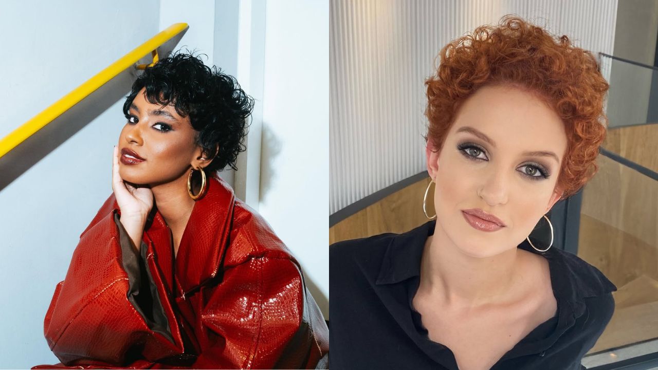 Imagem de pixie cut em cabelos cacheados.