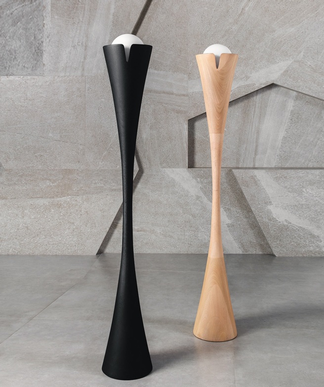 Lumin&aacute;rias com formato fino e comprido lado a lado, uma preta e outra bege