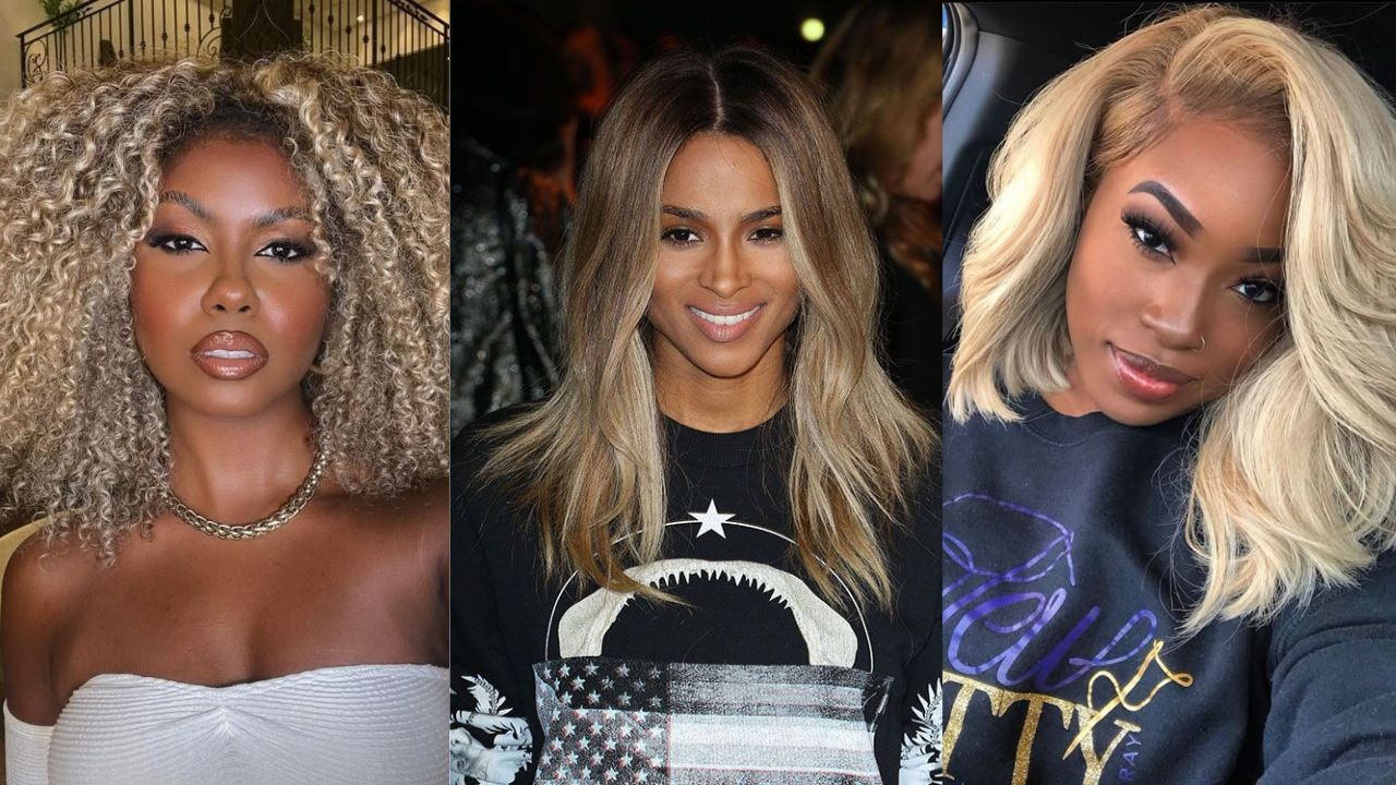 Montagem de tr&ecirc;s fotos de mulheres negras com cabelo loiro em tons de champagne, bege e perolado