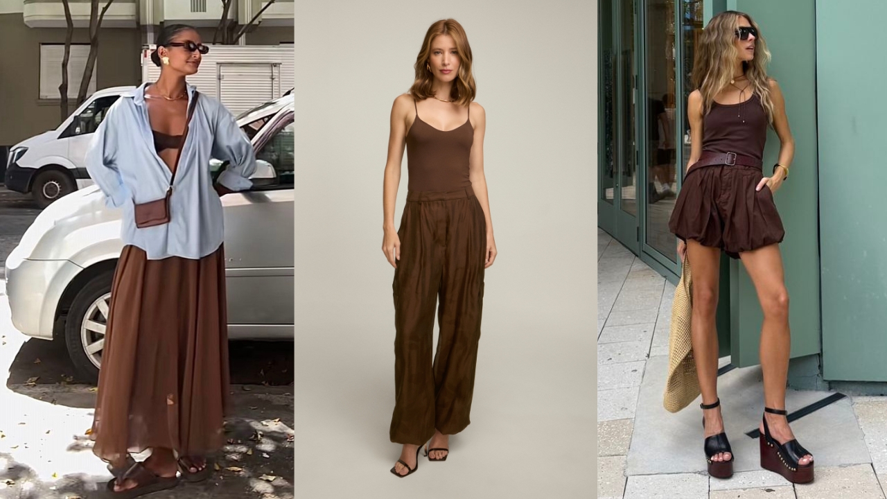 Tr&ecirc;s mulheres usando looks em marrom