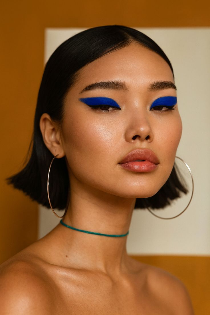 Mulher asi&aacute;tica usando make simples e gatilho alongado azul