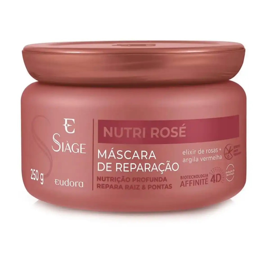 Pote da m&aacute;scara capilar Si&agrave;ge Nutri Ros&eacute; da Eudora, tratamento de nutri&ccedil;&atilde;o e repara&ccedil;&atilde;o que devolve maciez e resist&ecirc;ncia sem deixar o cabelo pesado
