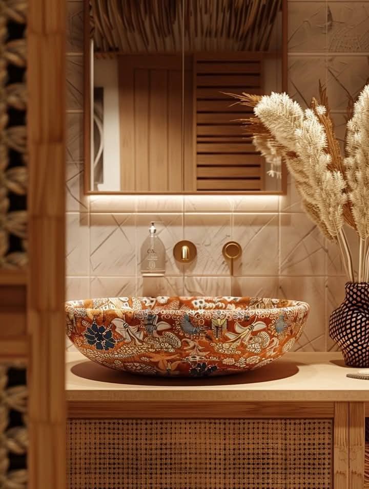 Cuba com florais e elementos decorativos em uma paleta quente