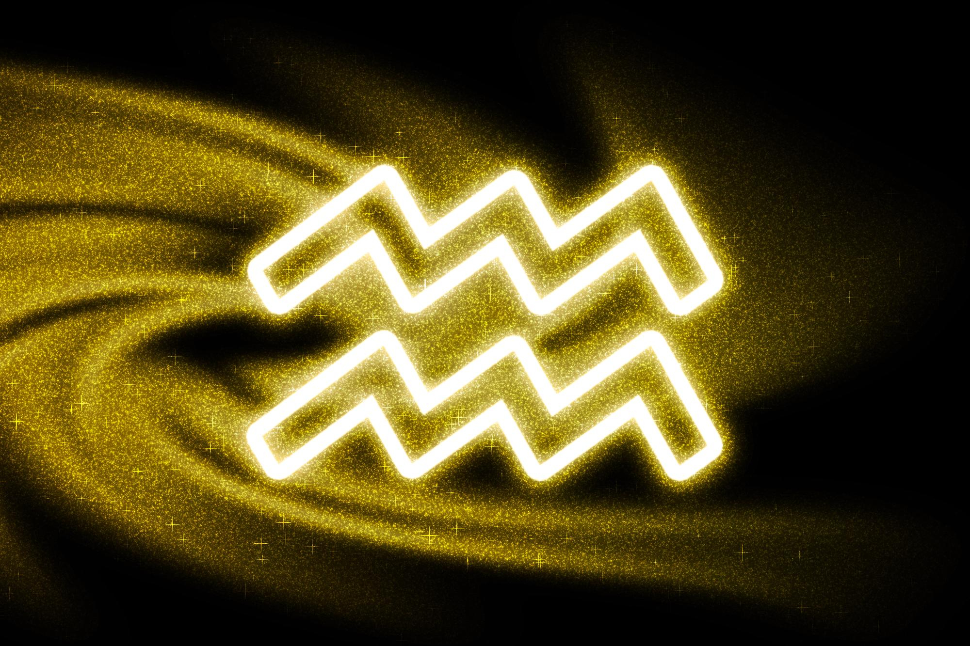 Ilustra&ccedil;&atilde;o do signo de Aqu&aacute;rio em amarelo brilhante sobre fundo escuro, representando a energia da Lua Nova e do Eclipse Solar Parcial em Aqu&aacute;rio e seus impactos nos signos.