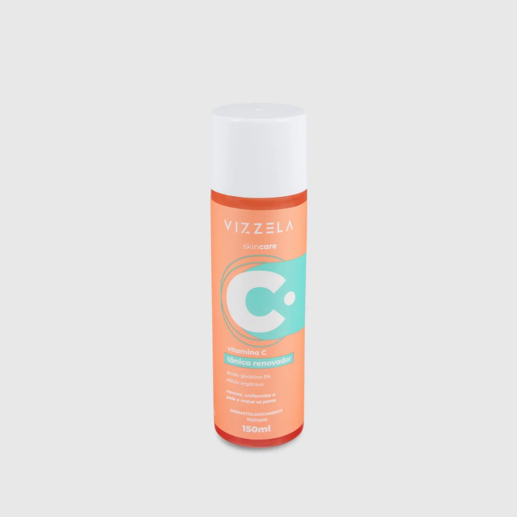 produto de skincare. frasco alto, em tom alaranjado com detalhes verde-&aacute;gua. O r&oacute;tulo indica que &eacute; da marca Vizzela