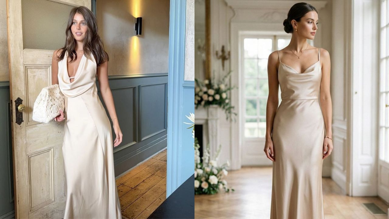 Vestidos em tons neutros e tecidos acetinados demonstrando looks que convidadas de casamento n&atilde;o devem utilizar