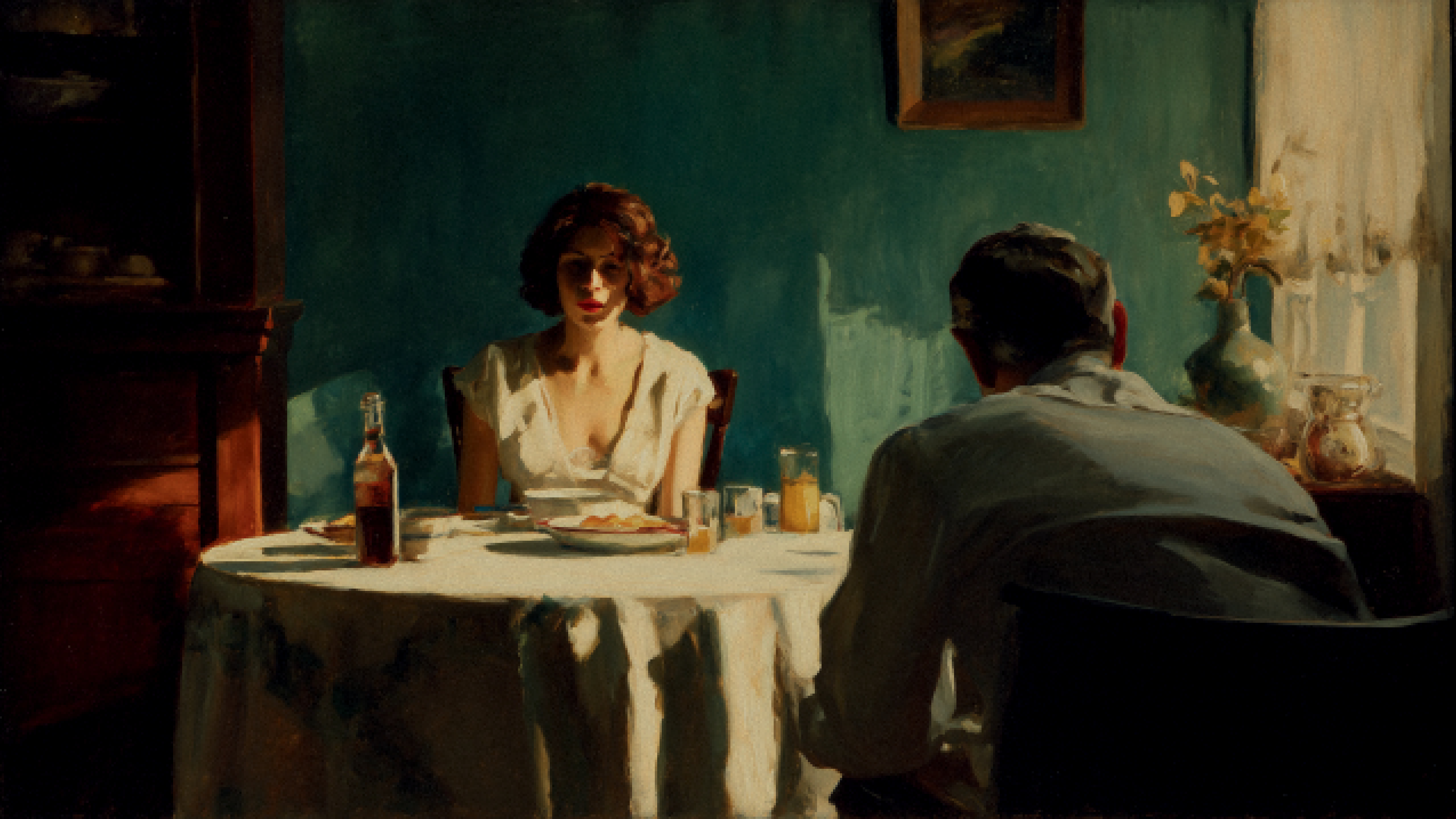 Cena ilustrada de um casal sentado frente a frente à mesa em um ambiente doméstico. A mulher encara o homem em silêncio, criando uma atmosfera de tensão e distância emocional durante a refeição.