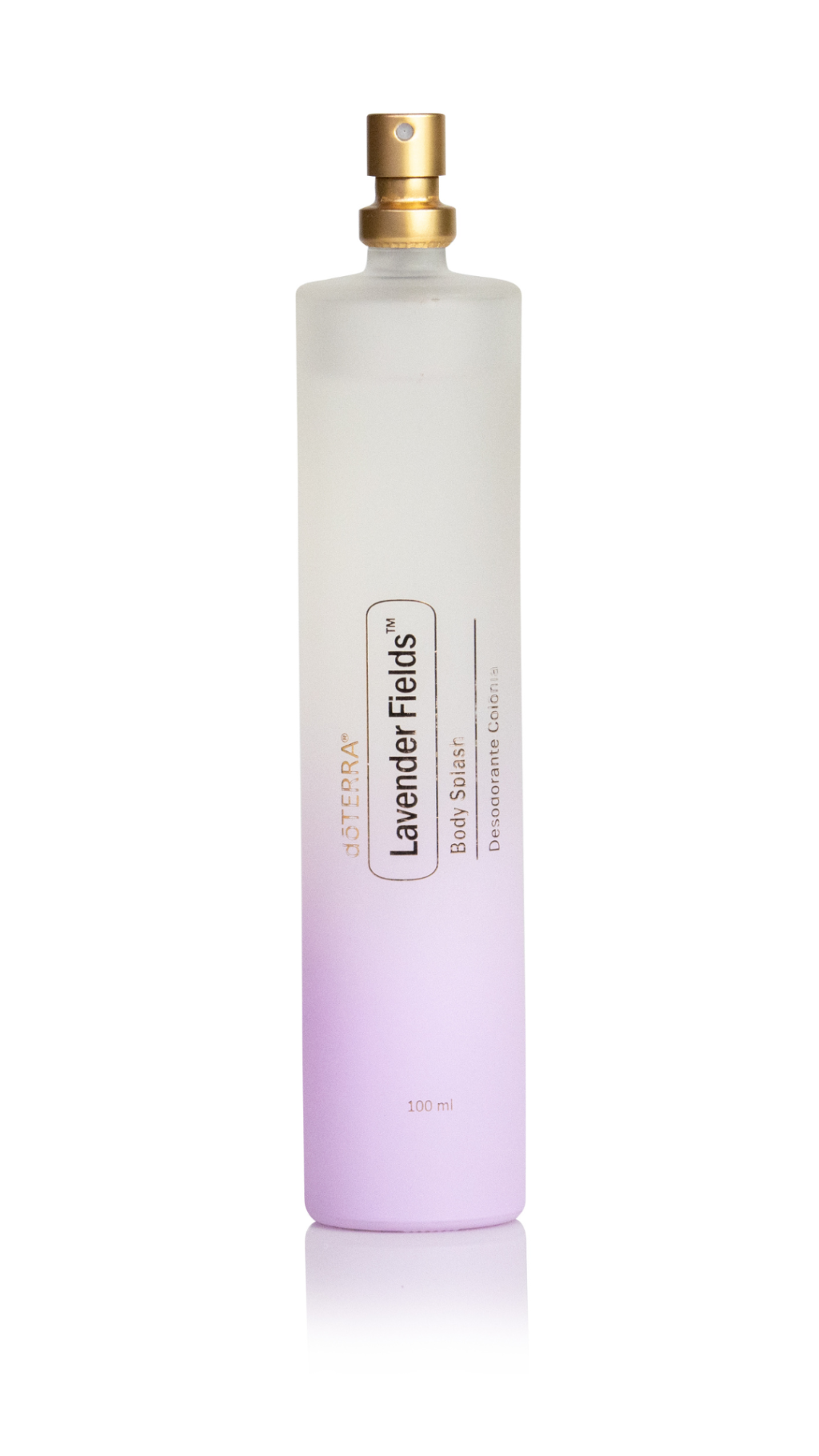 Frasco de body splash Lavender Fields, da doTERRA, em embalagem fosca com degrad&ecirc; suave e tampa dourada