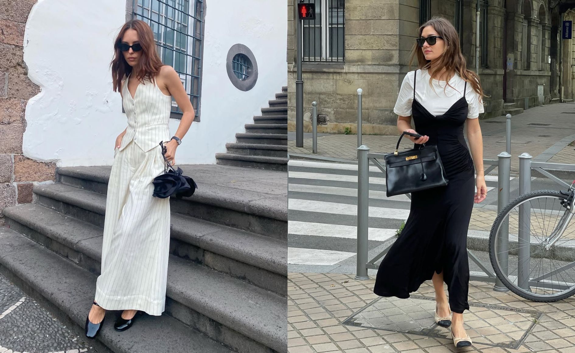 Colagem com duas fotos. A primeira mostra uma mulher usando um conjunto de alfaiataria branco com estampa risca de giz. A segunda mostra uma mulher branca usando um look composto por camiseta branca, vestido midi preto, sapatilha e bolsa de couro preta