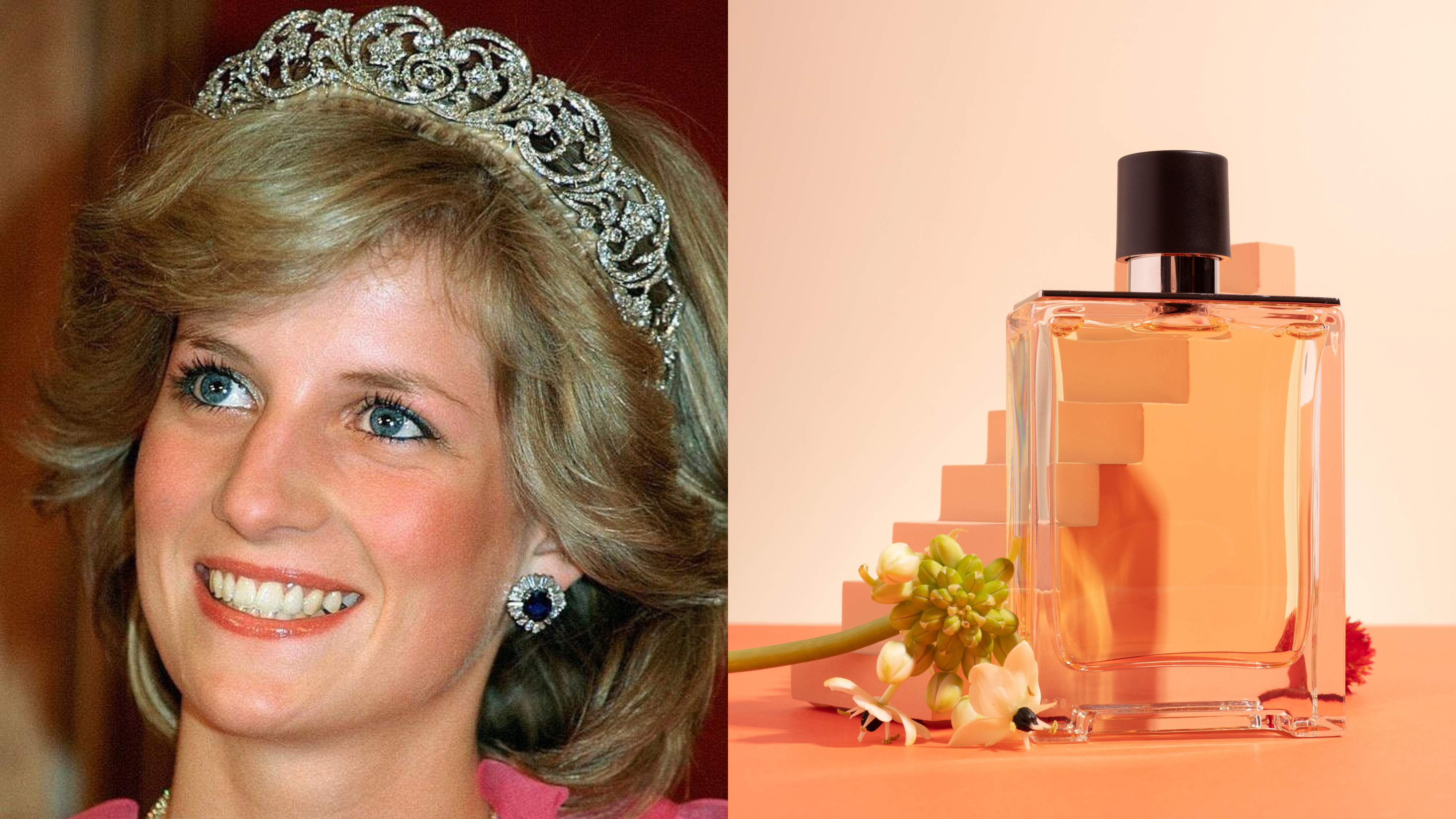Montagem com retrato da princesa Diana usando tiara e joias, ao lado de frasco de perfume moderno com flores, representando a elegância atemporal e a influência de Lady Di na perfumaria feminina