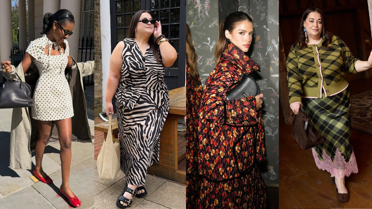 Quatro mulheres usando estampas de poá. zebra, floral e xadrez, respectivamente