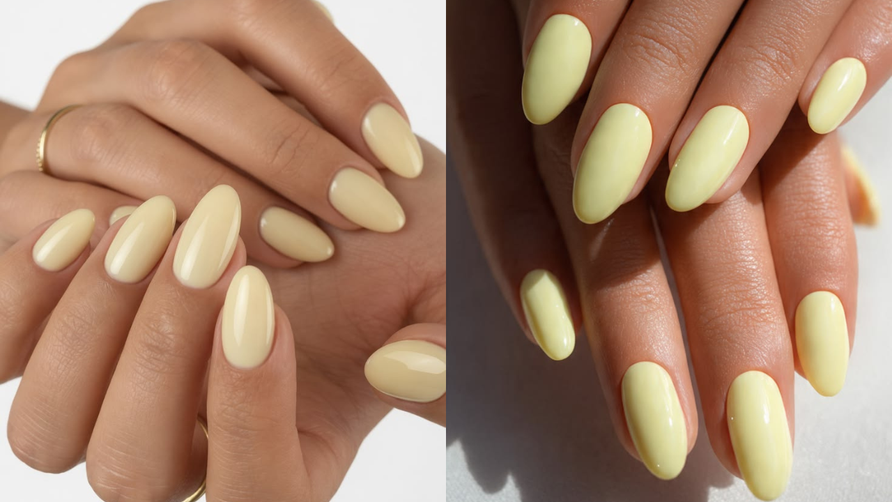 Duas fotos lado a lado mostram mãos com unhas longas e arredondadas pintadas em tom amarelo amanteigado bem claro, conhecido como “butter yellow”. O esmalte possui acabamento cremoso e brilhante, transmitindo aparência delicada e sofisticada.