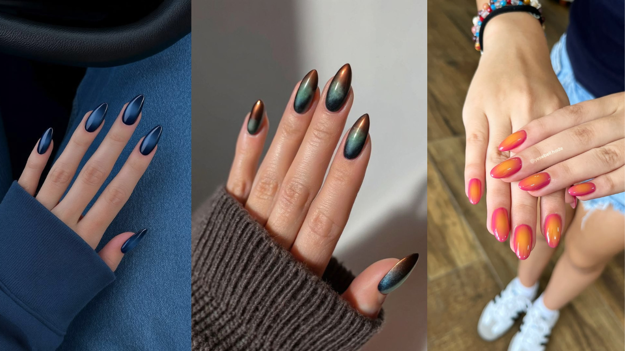 Montagem com diferentes estilos de aura nails em tons de azul, multicolorido e rosa, reunindo inspirações de nail art tendência 2026 com efeito degradê e acabamento sofisticado