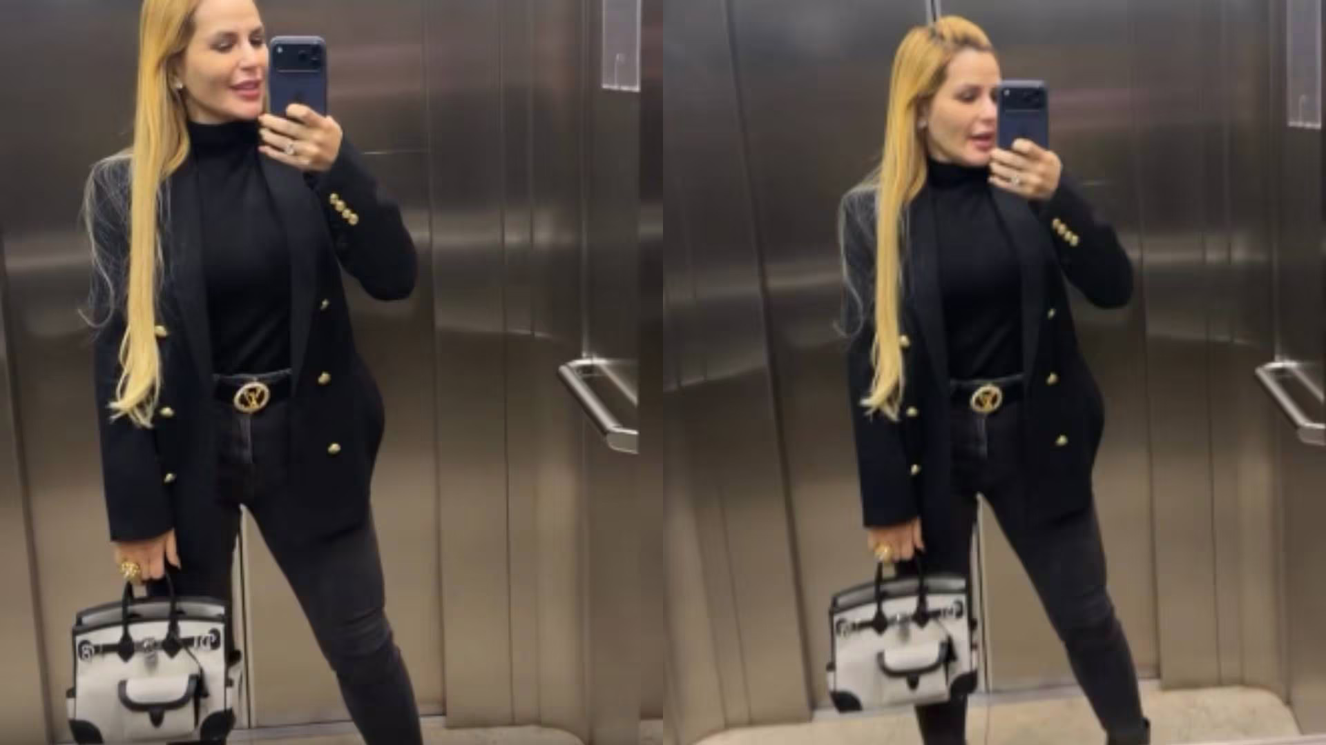 Deolane Bezerra posa em frente ao espelho de um elevador usando look preto e segurando uma bolsa de luxo branca e preta avaliada em aproximadamente R$ 347 mil