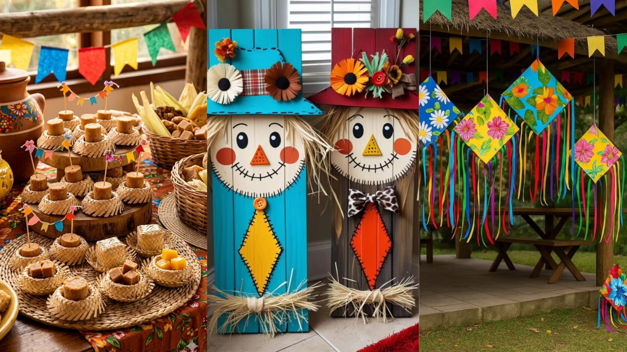 Mesa de festa junina com doces típicos, dois espantalhos decorativos e bandeirinhas coloridas penduradas em um ambiente externo