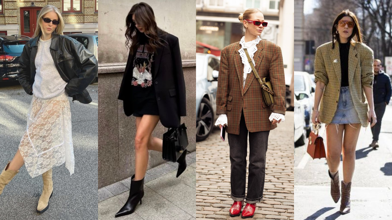 Quatro mulheres exibem looks de rua com blazers e jaquetas oversized. A primeira usa jaqueta preta, blusa cinza, saia de renda branca e botas bege. A segunda veste blazer preto, camiseta estampada, shorts e botas pretas. A terceira usa blazer xadrez marrom, blusa branca com babados, jeans escuro e sapatos vermelhos. A quarta veste blazer xadrez bege, blusa preta, minissaia jeans e botas western marrons
