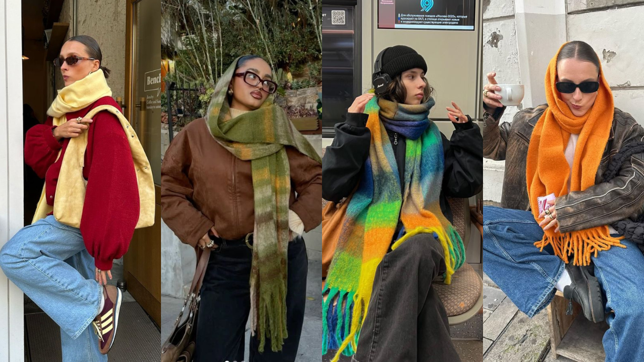 Quatro pessoas exibindo lenços de inverno em diferentes estilos: uma mulher de óculos escuros e lenço amarelo, outra com lenço xadrez verde, um jovem com lenço colorido e fones de ouvido, e uma mulher de óculos escuros com lenço laranja vibrante