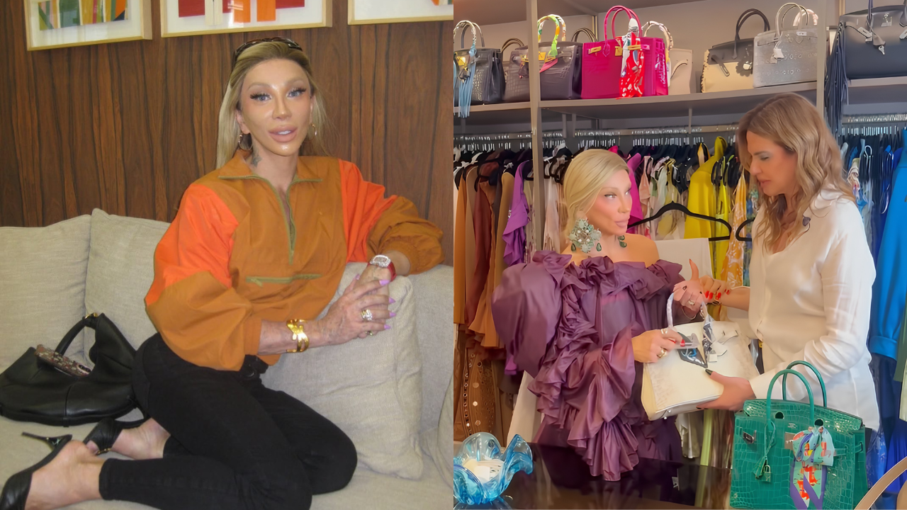 Maya Massafera aparece sentada em um sofá dentro de seu closet de luxo, usando blusa em tons terrosos e calça preta, enquanto ao fundo surgem prateleiras repletas de bolsas de grife de diferentes cores e modelos. Em outro momento da composição, a influenciadora conversa com Luciana Gimenez enquanto mostra acessórios de alto luxo, incluindo bolsas Hermès expostas no ambiente sofisticado.
